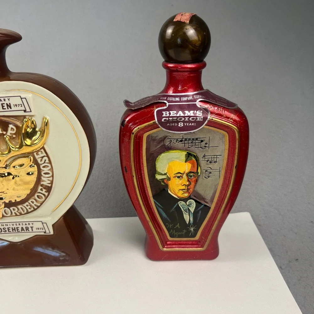 VTG Jim Beam Decanter Lot 3 Ceramic Moose Antique Trader Mozart Barware Kitsch